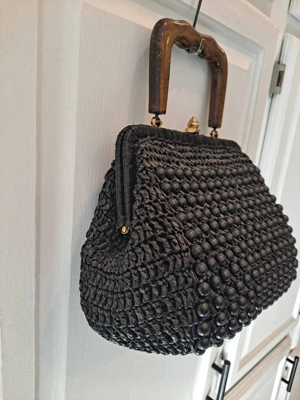 Bags By Dominic Italian Rare 50s Vintage Black Woven Beaded Wood Top-Handle
